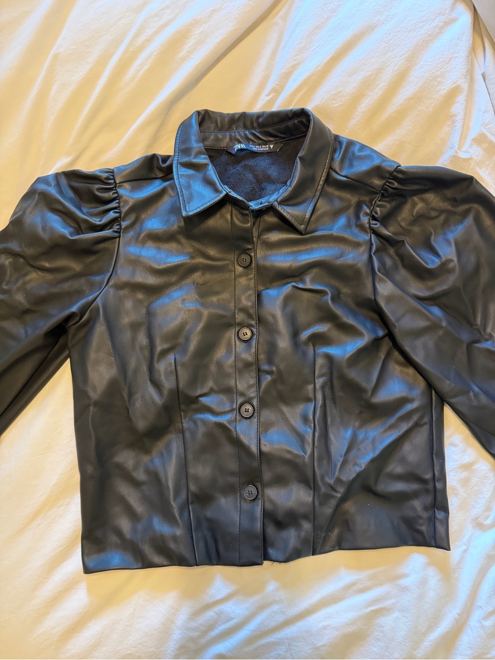 Zara Black Faux Leather Puff-Sleeve Button-Up Top